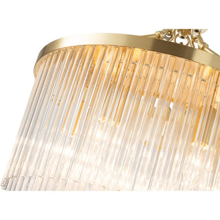 Gold chandelier with clear glass shades on a white background