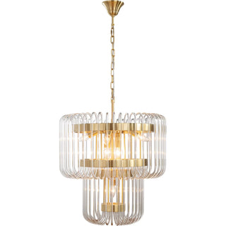 Collette 60cm 2 Tier Satin Brass Chandelier with Clear Glass Rods – Modern Dining Room Feature Light