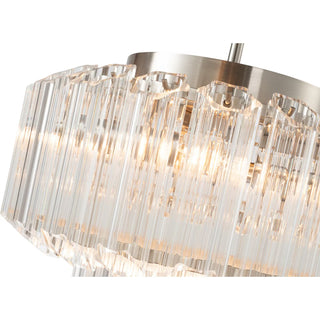 Calista chandelier close up tubular glass prisms brushed nickel frame detail