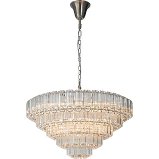 Calista extra large 85cm 12 light 5 tier chandelier in brushed nickel with layered tubular glass prisms