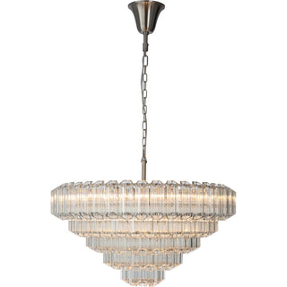 Front view of Calista 5 tier glass prism chandelier in brushed nickel finish