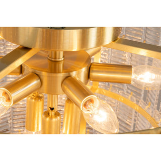 alara chandelier satin brass central frame and globe detail close up