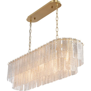 Alara satin brass linear chandelier angled view textured glass detail
