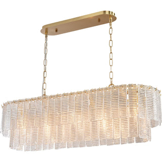 Alara satin brass linear chandelier angled view textured glass detail