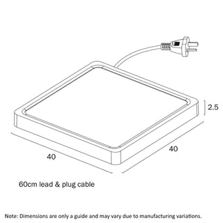 Diagram of a rectangular heating element with dimensions and cable length indicated.