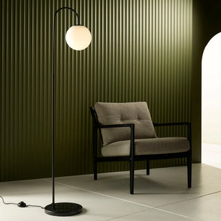 Mintu Floor Lamp with travertine base and frosted glass shade in Black finish
