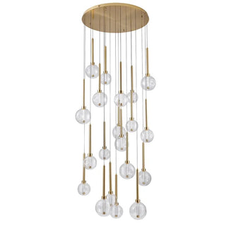Chandelier with glass bulbs and gold accents on a white background