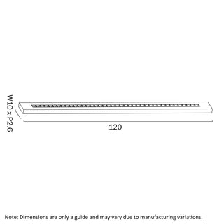 Technical drawing of a rectangular component with dimensions labeled
