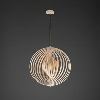 Wooden pendant light with circular design on a white background