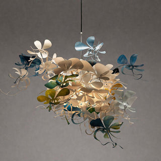 Colorful floral chandelier against a gray background