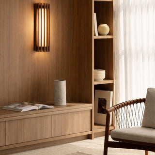Havit Orech Walnut Timber LED Wall Light installed on the wall