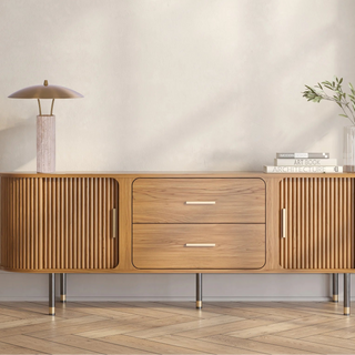 PARACCU beige stone table lamp displayed on a timber sideboard