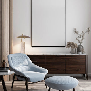 ARACCU brass and travertine table lamp in a contemporary living room