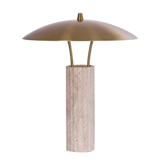 PARACCU beige travertine and brass LED table lamp on white background