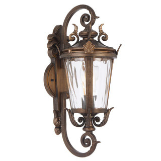 Decorative outdoor wall light fixture with clear glass shade on a white background