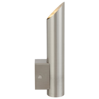Metallic outdoor wall light fixture on a white background