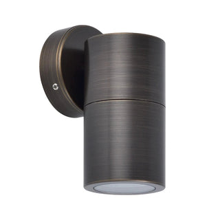 Bronze outdoor wall light fixture on a white background