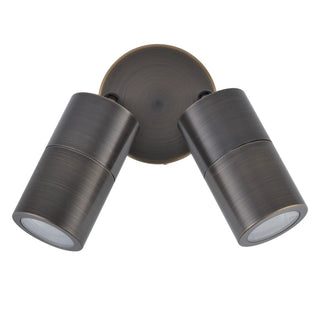 Bronze outdoor wall light fixture with two cylindrical lights on a white background