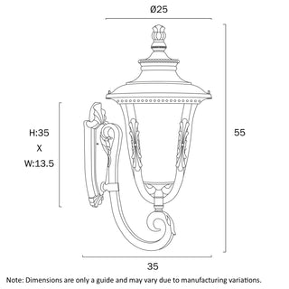 Technical drawing of a decorative wall light fixture with dimensions.