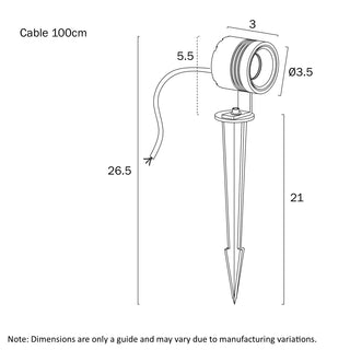Technical drawing of a garden stake light with dimensions labeled