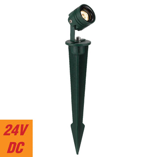Green outdoor spotlight with a spike on a white background, featuring '24V DC' text.