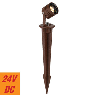 Brown outdoor spotlight with spike base on a white background, featuring '24V DC' label.