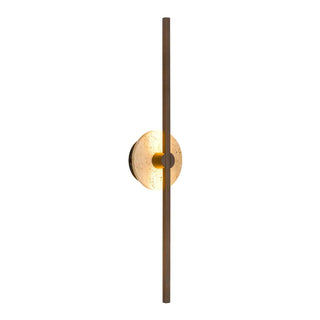 Telbix Rimini LED wall light in Vintage Brass with circular beige travertine stone