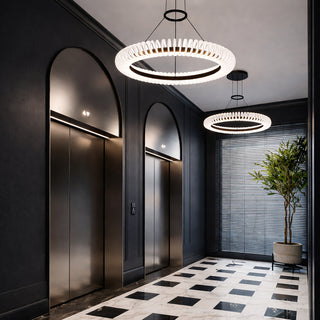 Modern hallway with circular ceiling lights, black walls, and a checkered floor.