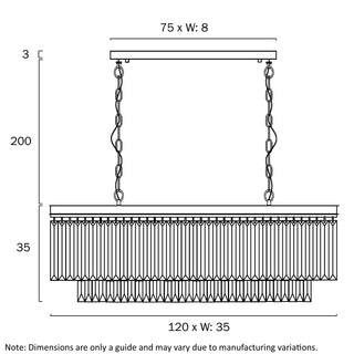 Line drawing of a rectangular pendant light with chain and dimensions.