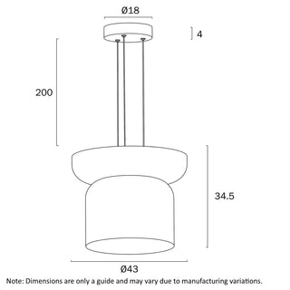 Technical drawing of a cylindrical pendant light with dimensions labeled