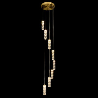 Solinas 8 light crystal staircase pendant with adjustable multi drop LED lights and black background displayed at Davoluce Lighting Melbourne