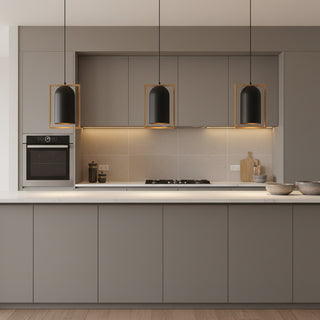 CLA Swing2 Oblong Wood Frame Pendants installed in the kitchen