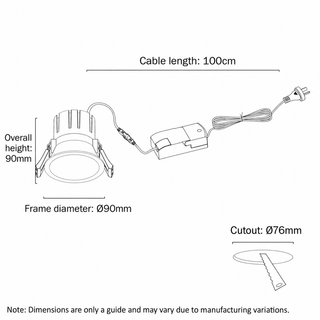 Telbix Elia 90 downlight dimensions showing 90mm diameter, 90mm height and 76mm cutout