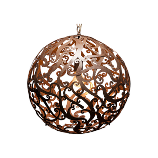 Decorative spherical pendant light with intricate cut-out design on a white background