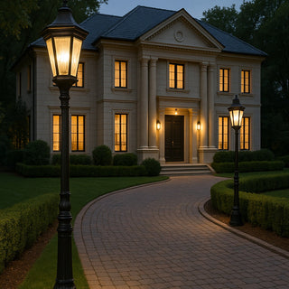 Elegant house with illuminated windows and street lamps at dusk