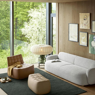 Modern living room with a gray sofa, brown chair, and ottoman on a dark rug.