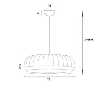 Line drawing of a pendant light with dimensions labeled