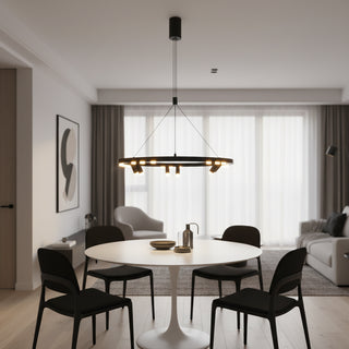 UGE Orio modern round LED endant installed in appartment above dining table