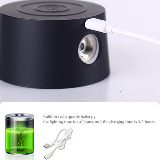 Black cylindrical device with a USB cable and battery icon, on a white background.