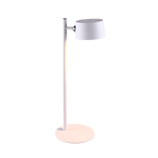 Moderntable lamp with white shade and pink base on a white background
