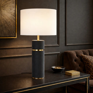 Telbix Valda table lamp black vegan leather base with antique gold trim and ivory shade