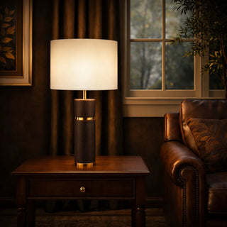 Telbix Valda blue table lamp styled on timber console with ivory fabric shade