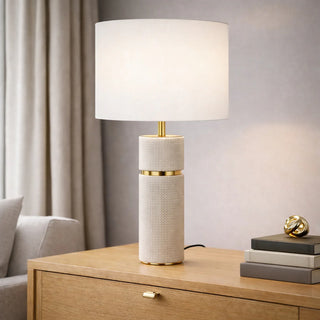 Telbix Valda taupe table lamp styled on timber sideboard with ivory fabric shade