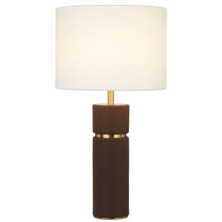 Telbix Valda table lamp brown vegan leather base with antique gold trim and ivory shade