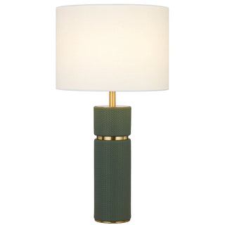 Telbix Valda table lamp green vegan leather base with antique gold trim and ivory shade