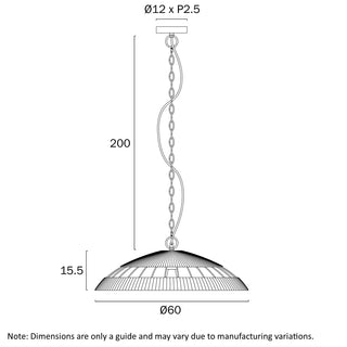Technical drawing of a pendant light with dimensions on a white background