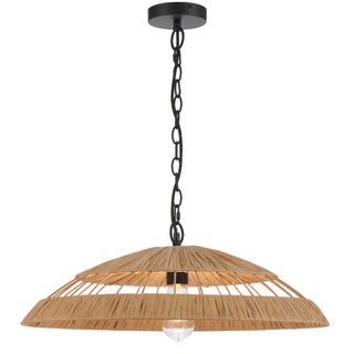 Pendant light with wicker shade and black chain on a white background