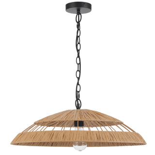Pendant light with woven design and black chain on a white background