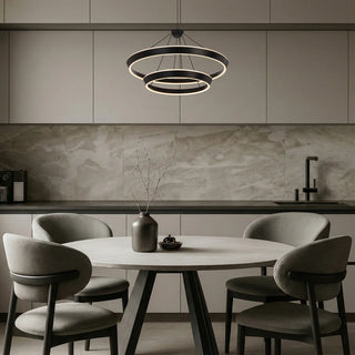 Telbix VANTEL 2 Tier black LED ring pendant light over modern dining table