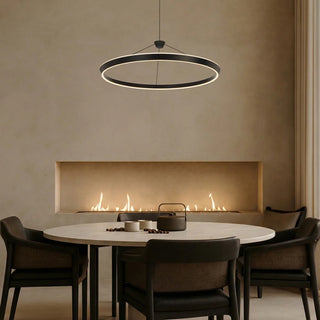 Telbix VANTEL 80 black LED ring pendant light over large modern dining table